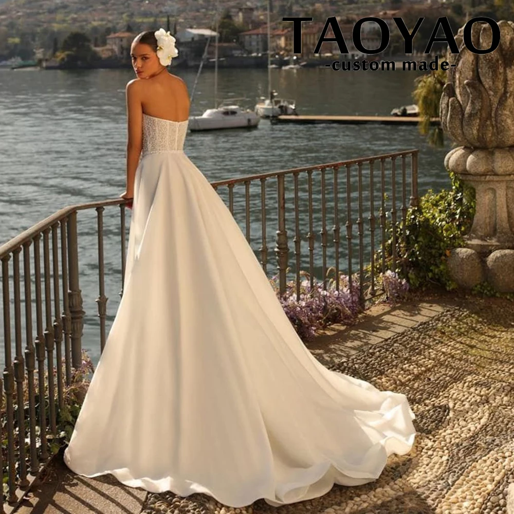 Nuovi abiti da sposa linea A Semplici personalizzati senza spalline con strascico Abiti da sposa Abiti da sposa senza schienale con spacco laterale abiti da sposa