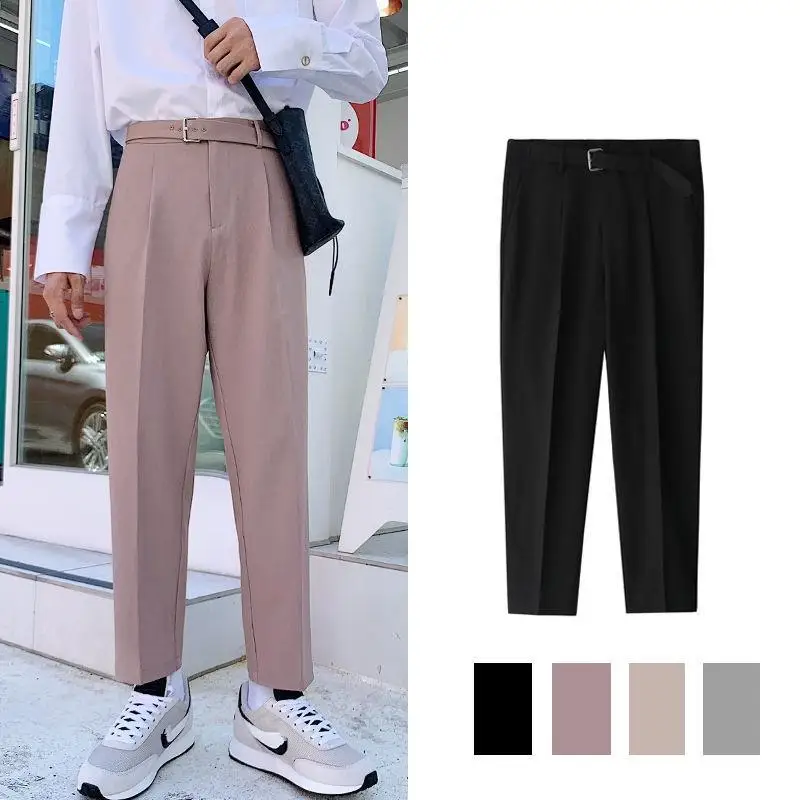 Men Pants Spring Summer Autumn  Casual Wide Leg Loose  Elastic Long Ankle Length  Chinos Slacks Street Wear Black Grey Pink