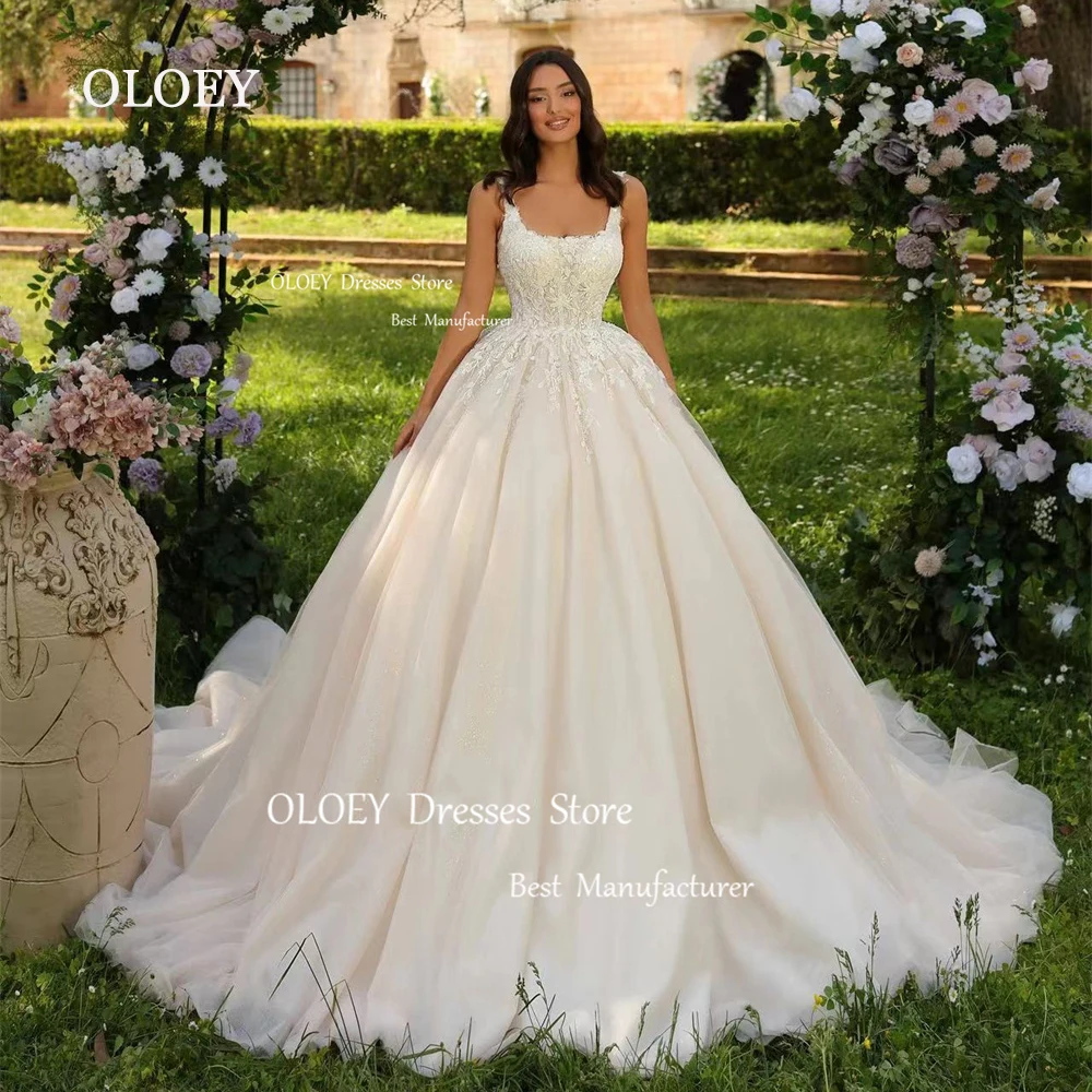 OLOEY Exquisite Ivory Glitter Lace Wedding Dresses Vintage Sleeveless Bridal Gowns Vestido De Noiva Zipper Back Ball Gown Custom