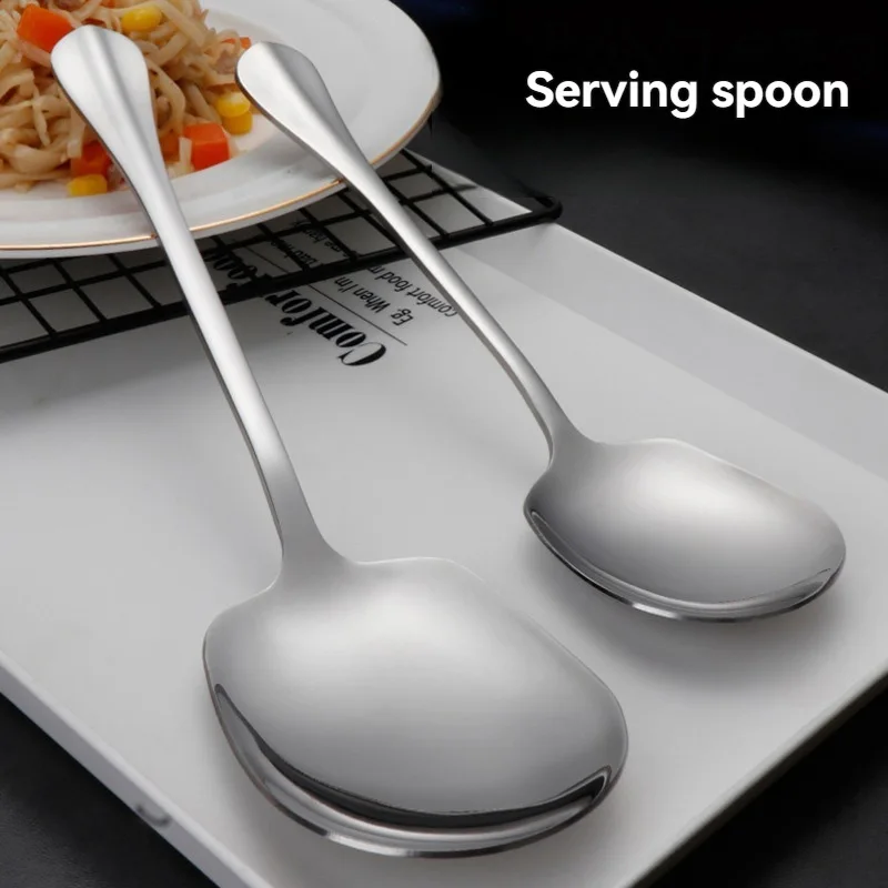 Long Handled Large Stainless Steel Rice Spoon Ergonomic Metal Serving Spoon Kitchen Flatware Salad Dish Spoon Utensils