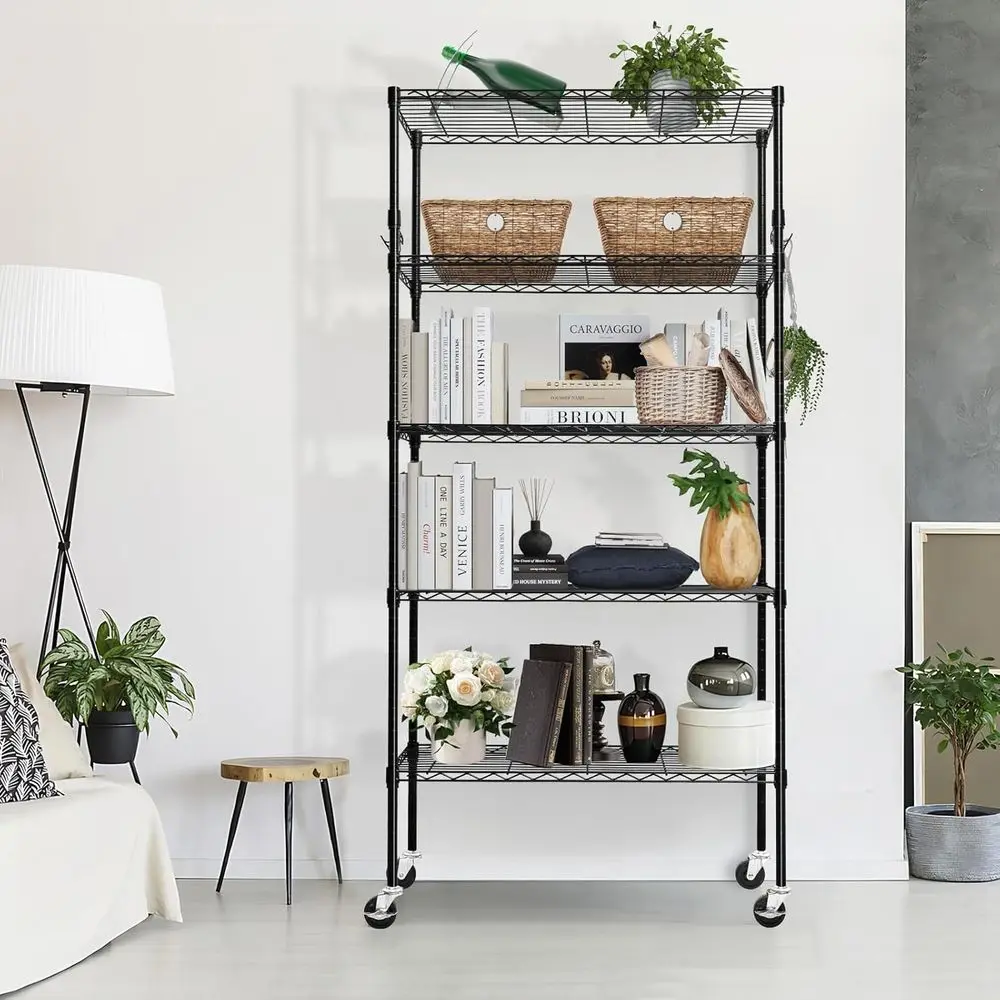 頑丈な5段調節可能なメタルワイヤーシェルフユニット（キャスター付き）、14D x 36W x 75H、耐荷重1750ポンド、ガレージやキッチン収納に最適