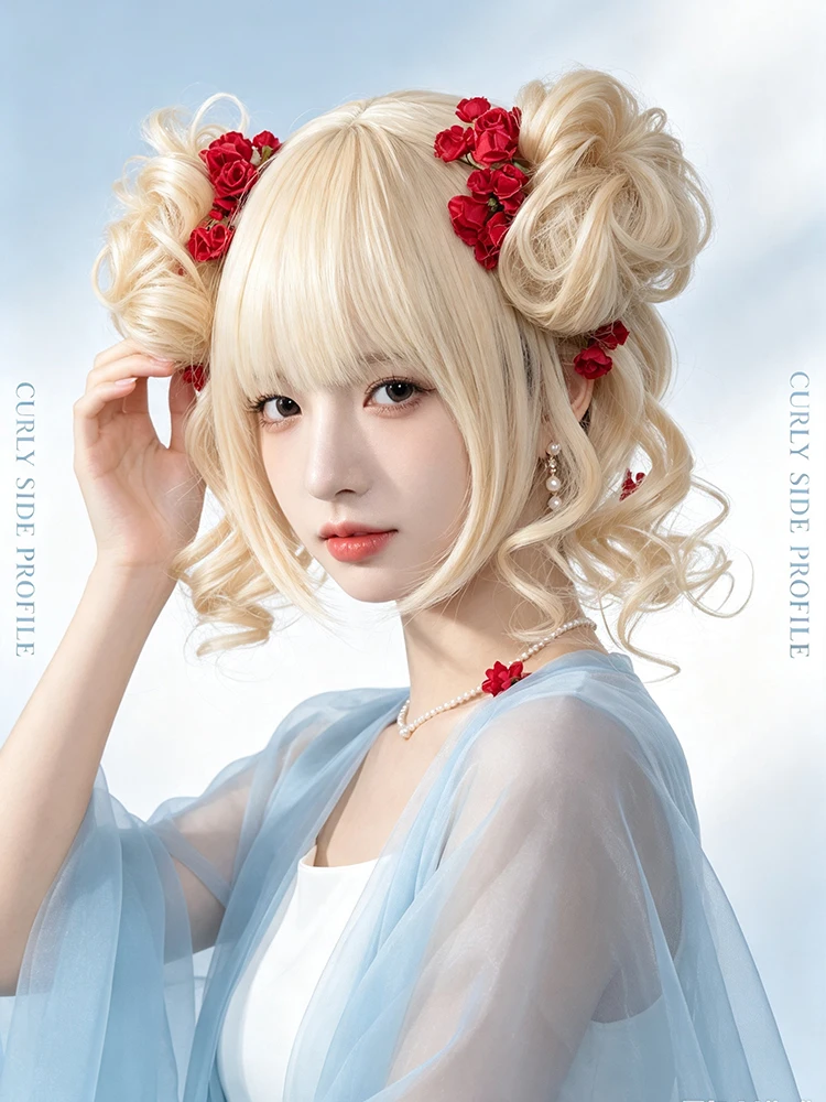 Synthetic 10 Inch Detachable Gold Double Buns Hair Accessories Cosplay Wig Halloween Role Play Heat Resistant Fiber