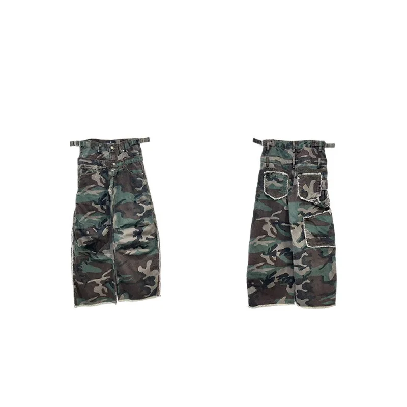 Benuynffy Camouflage Print Double Waisted Jeans Men and Women American Streetwear Y2k Vintage Raw Tim Baggy Cargo Denim Pants