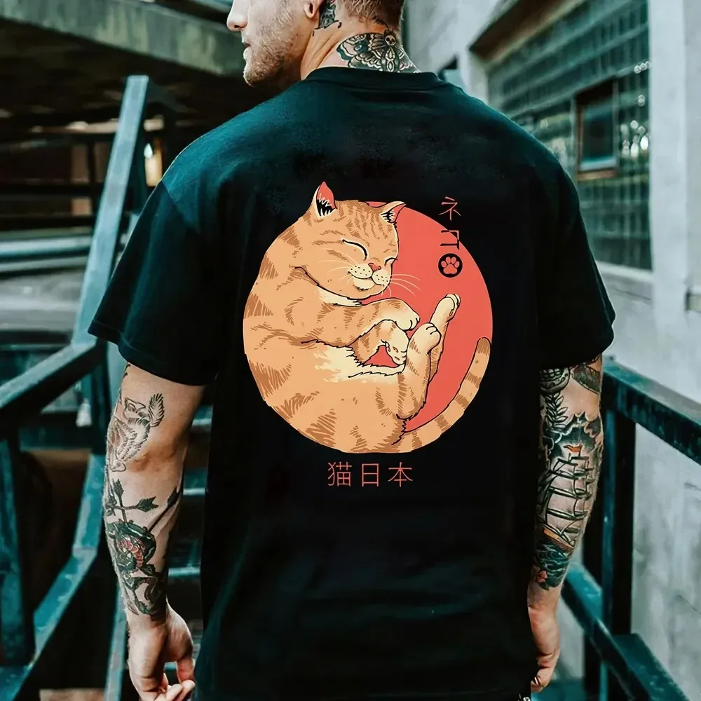 Summer T-shirt Dark Japanese Cat and Concubine Printed Cotton T-shirt Men's Birthday Commemorative T-shirt Gift Short Sleeve