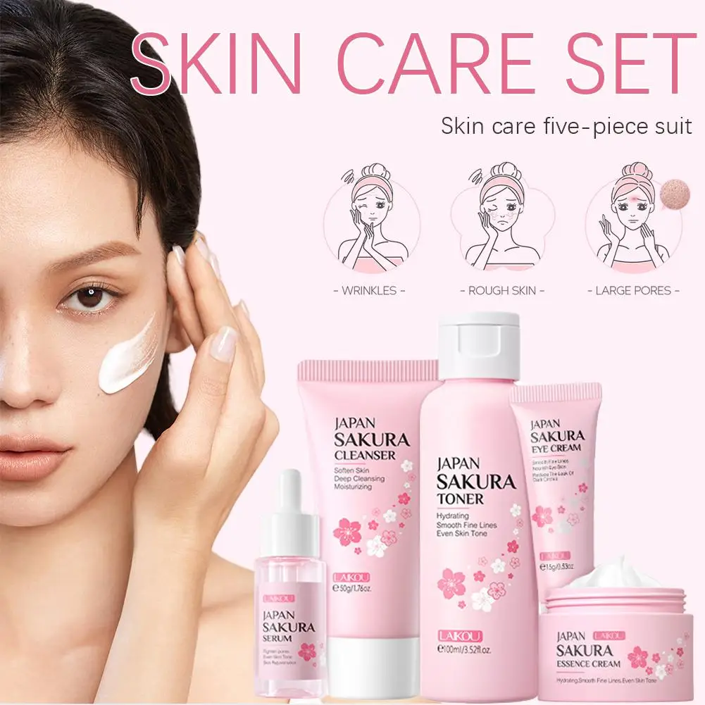 5-teiliges Sakura-Hautpflege-Set, feuchtigkeitsspendend, feuchtigkeitsspendend, glättend, nährend, aufhellend, straffend, für Damen, Schönheit, Hautpflegeprodukt