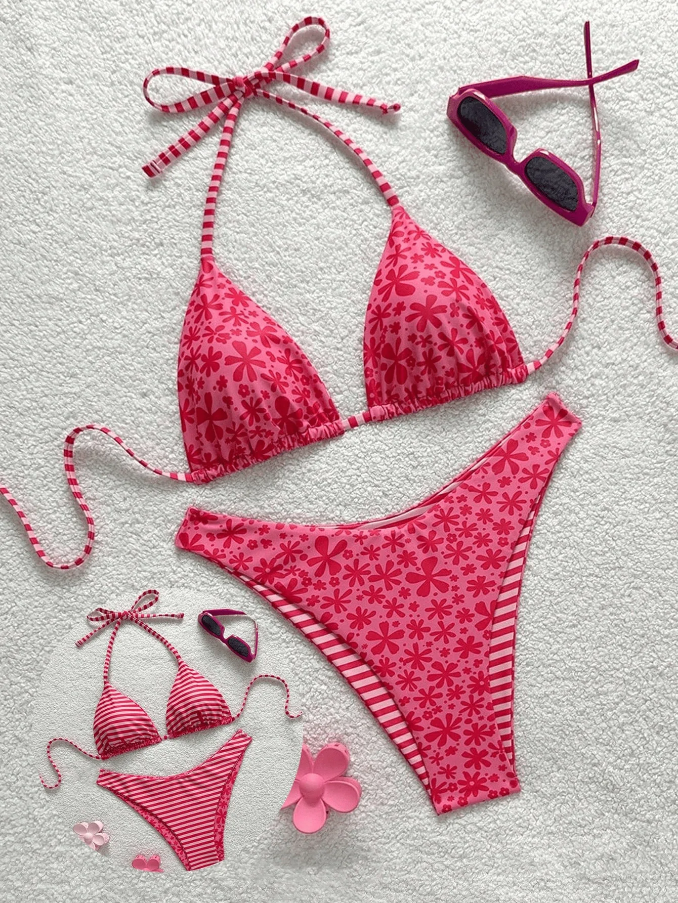 Sexy Lace Up Print Double Sided Bikini Women Split Swimsuit Beach Brazil Bikini 2026 Backless Bra Bandage Bikini 2 Piece Set