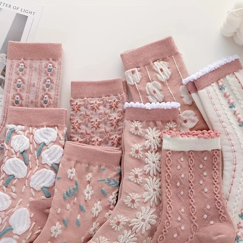 5 pairs of ladies' palace style pink three-dimensional relief flower print long socks