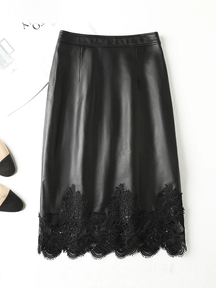 New 2024 Genuine Leather Skirt High Waist Wrap Hip Skirts for Womens Clothing Natural Sheepskin Skirt Elegant Black Lace Skirt