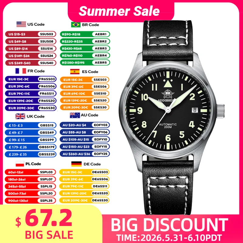 

ADDIESDIVE Men's Automatic Mechanical Watch Sapphire Glass 200m Waterproof Wristwatch Leather Strap Super Luminous Dive Watches