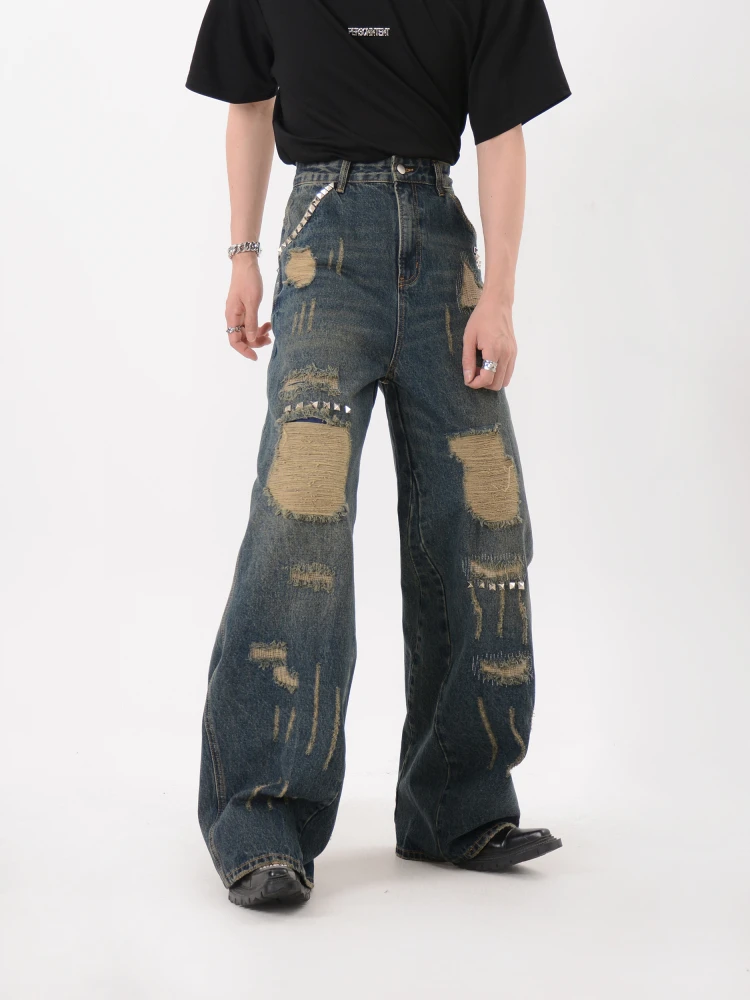 

Нишевый дизайнерский дизайн с заклепками для тяжелой промышленности, джинсы для стирки грунта, свободные брюки для мытья полов