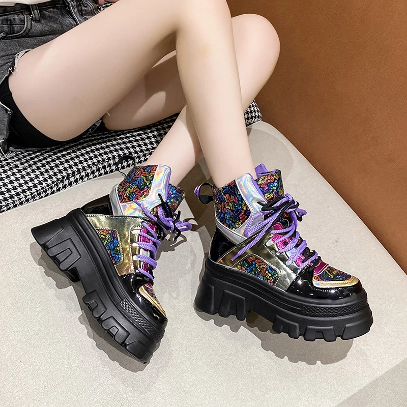 Women Autumn Ankle Boots New 2022 High Top Bling Chunky Sneakers Lace-up Platform Leather Shoes 8CM Heel Casual Motorcycle Boots