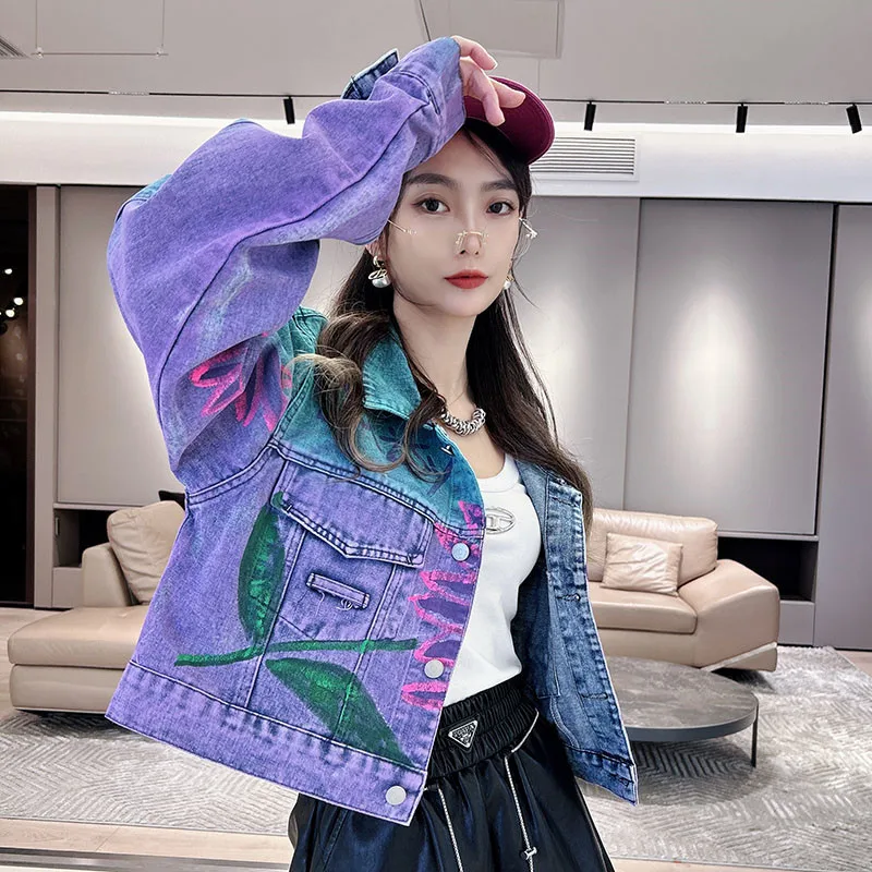 

Women Floral Letters Graffiti Printed Denim Jacket Spring Autumn Flowers Hand Painted Jeans Coat Long Sleeved Cowboy Cardigan