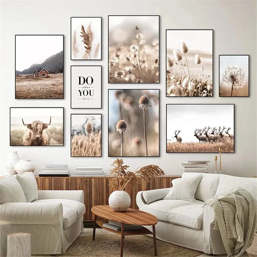 Löwenzahn Reed Rinder Natürliche Landschaft Poster Home Art Malerei Tuch Wandbild Moderne Wohnzimmer Druck Minimalistische Malerei