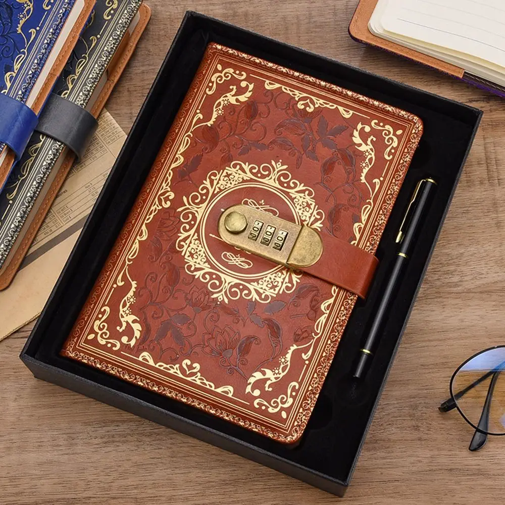 PU Leather A5 Journal Notebook Embossed Design Hard Cover Personal Planner Organizers Ruled Lined Paper Combination Lock