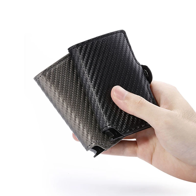 Casekey Multicolor Pu Carbon Fiber Leather Pop Up Wallet Rfid Blocking Aluminum Metal Smart Card Holder Mini Thin Purse for Men