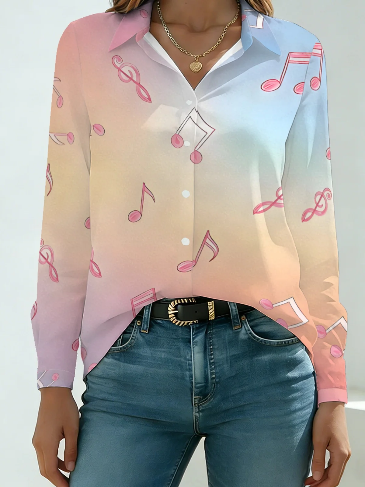 Minimal Soft Music Note Womens Collared Shirt Pastel Rainbow Gradient Base Pink Doodle Treble Clef Allover Print Long Sleeve Off