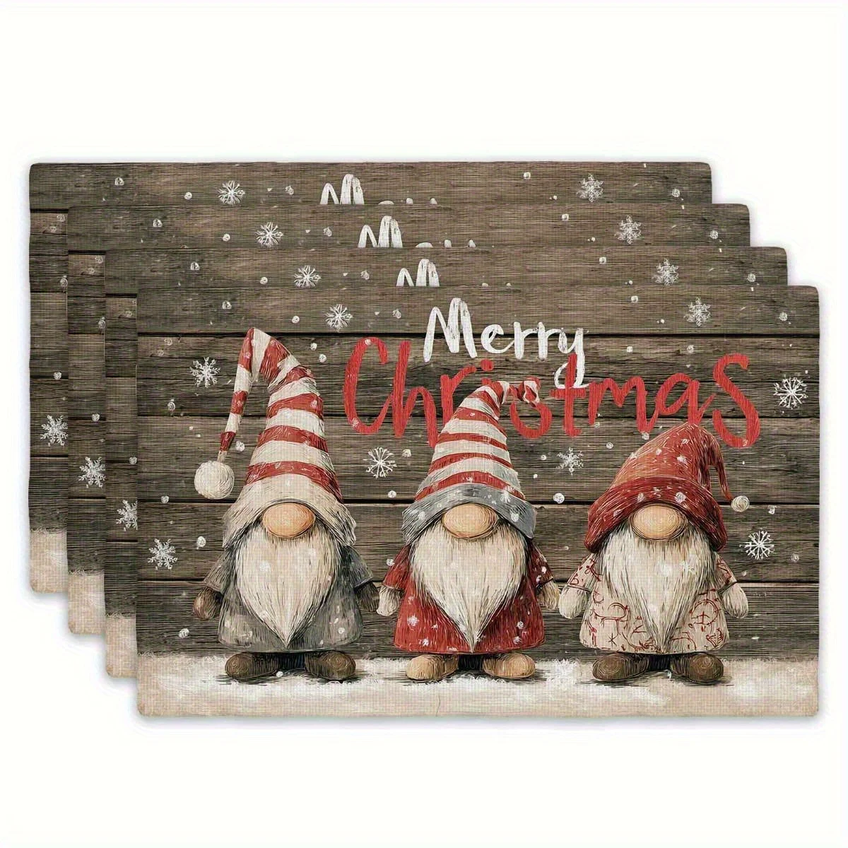 Merry Christmas Gnomes Snowflake Rustic Wooden Plank Print Rectangular Placemats Set  Dining Table Decor Mats 4PC 6PC 8PC