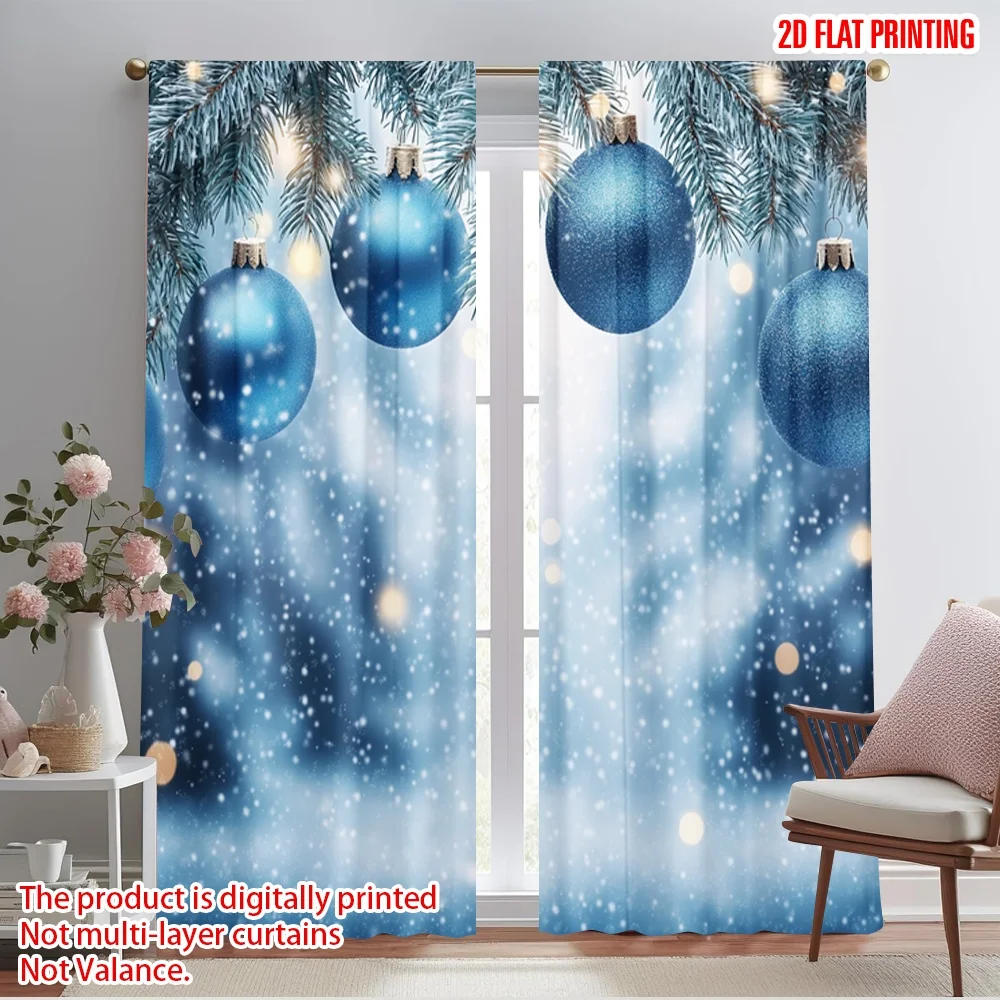 2pcs,2D plane printing Curtains Digital Printed Blue Christmas Ornaments Snow Versatile Polyester Fabric (without rod)