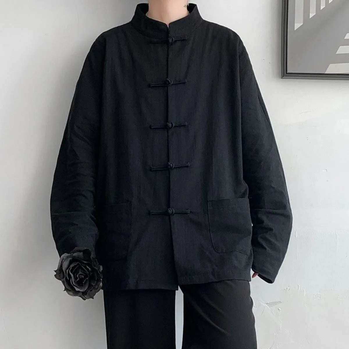 Traditional Men Blouse Navy Blue Linen Stand Collar Cotton Taoist Robe with Knot Buttons Chinese Style Clothes Men Shirt