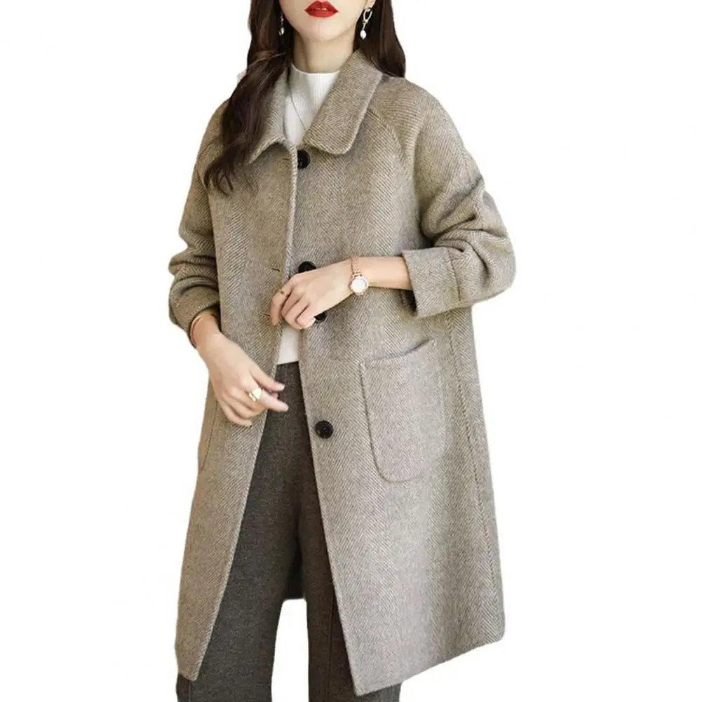 

Women Autumn Winter Woolen Coat Lapel Long Sleeve Single Breasted Pockets Loose Overcoat jackets chaquetas para mujeres