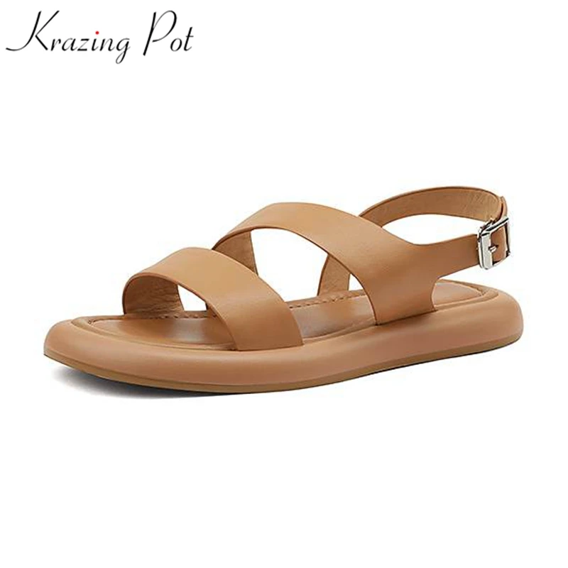 

Krazing Pot Cow Leather Thick Bottom Buckle Straps Casual Low Heels Concise Design Peep Toe Fashion Flat Platform Sweet Sandals