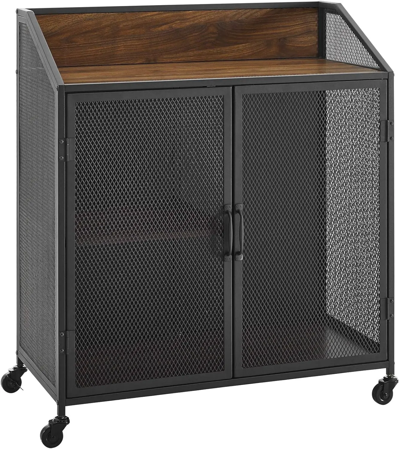 

Urban Industrial Metal Mesh Double Door Rolling Bar Cabinet, 33 Inch, Dark Walnut