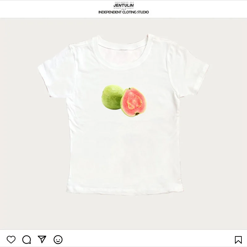 Summer Peach fruits Print Crop Tops Women's All kinds of Sweet Design Sense Tees Slim Fit Casual Fashion Special Girl Streetwear