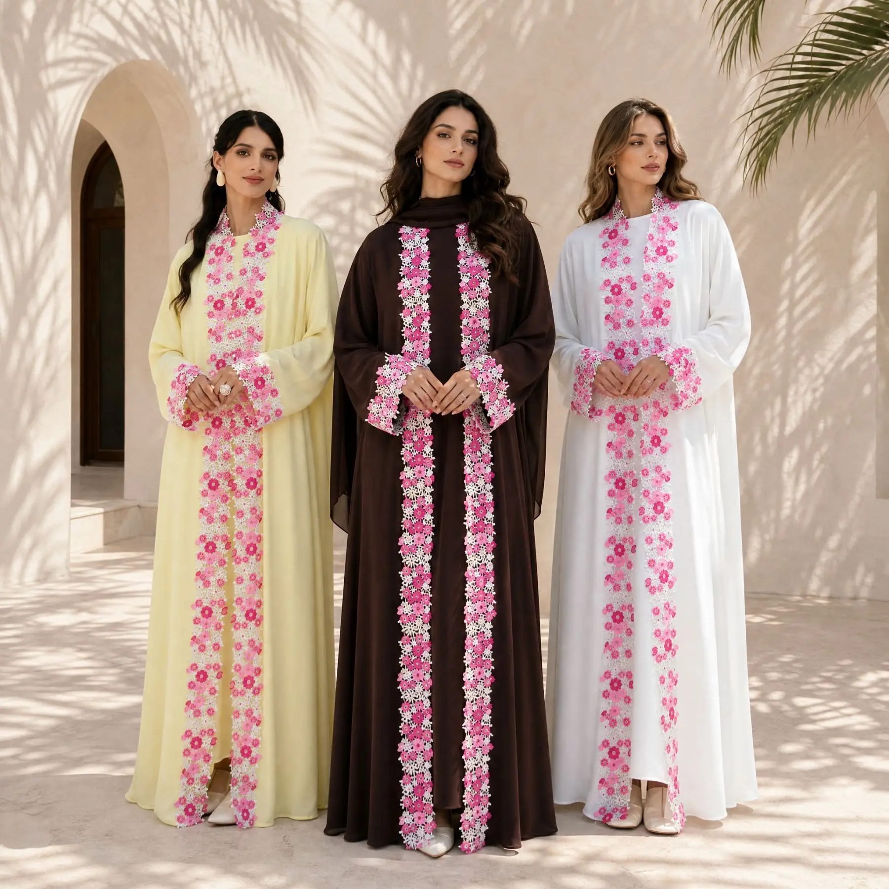 Dubai Muslim Floral Embroidery Cardigan Open Abaya Inner Dress Scarf Set Women Kaftan Turkey Arab Robe Islamic Clothing