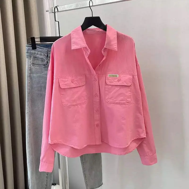 Pink Shirt Women's Long Sleeve Short Casual Pure Cotton Spring Summer Korean Style Versatile Collar Deform Resistant