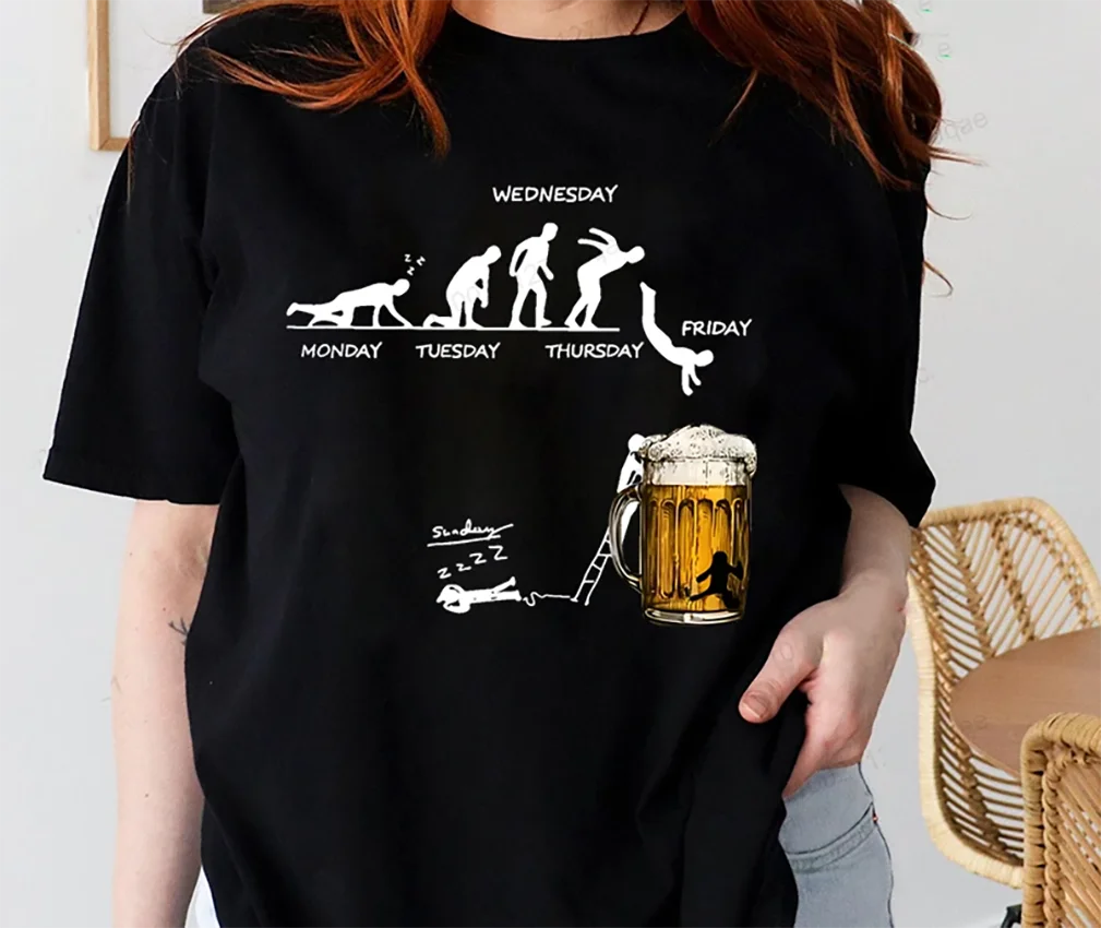 المرأة تي شيرت الاثنين إلى الجمعة شرب البيرة مضحك الرياضة موضة تي شيرت غير رسمي الهيكل العظمي الجمعة البيرة الجرافيك بلايز ملابس حريمي #5