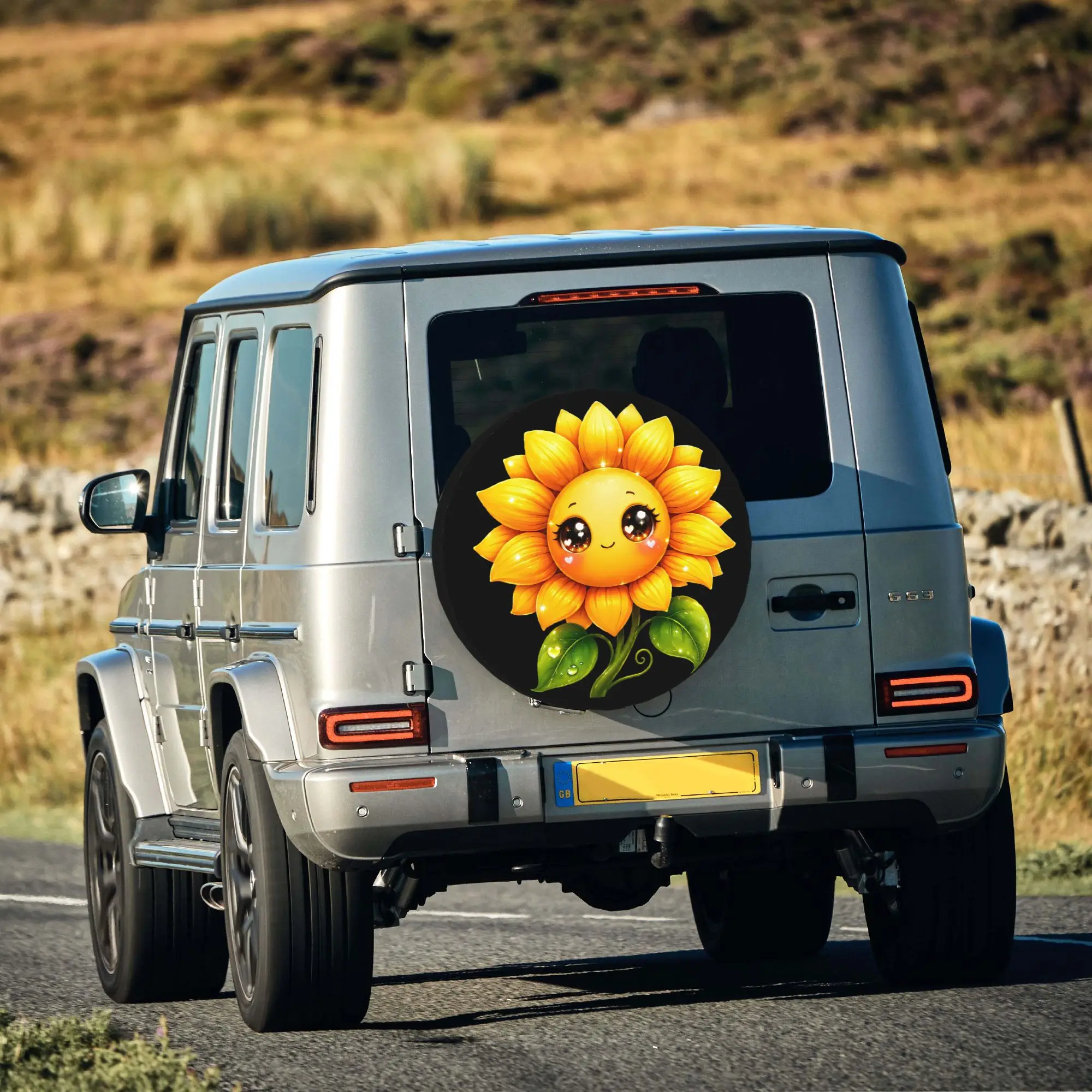 2D Flat 1pc Cute Sunflower Print Car Tire Cover 35.56/38.1/40.64/43.18 Cm, Spare Tire Cover, Essential For Camping Off-Road Outd
