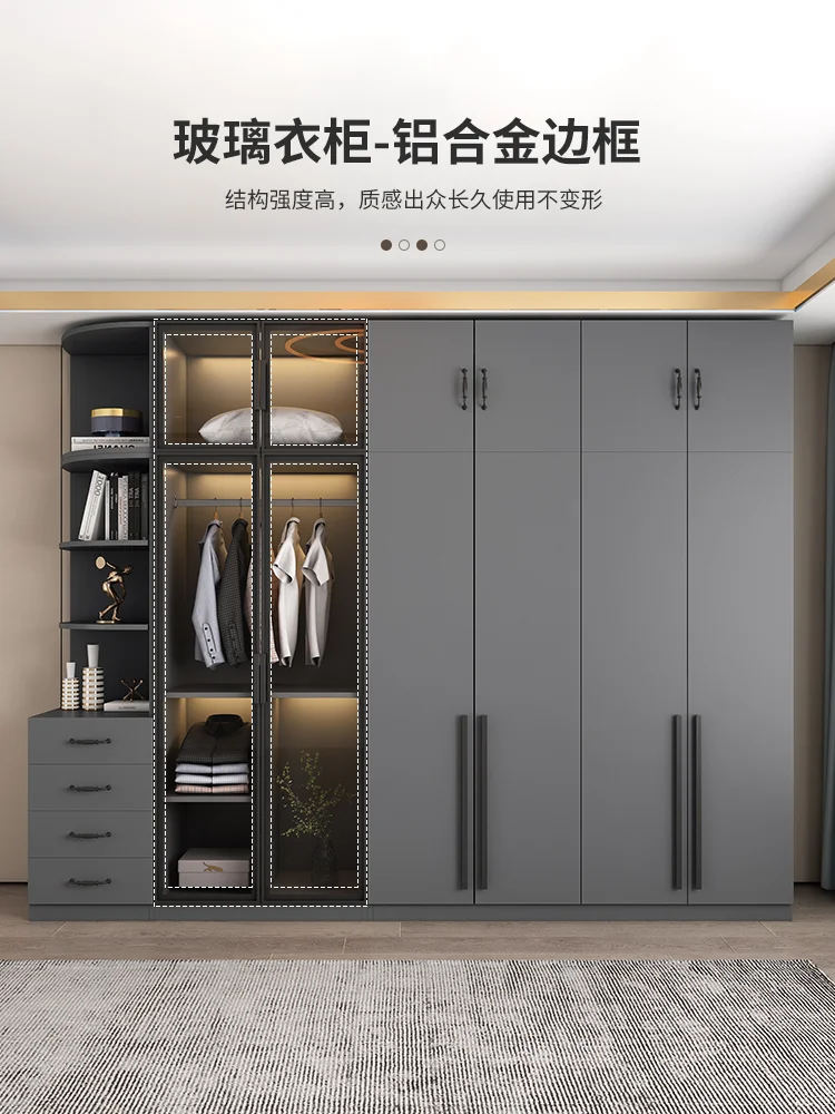 

Wardrobe Solid wood ecological multi-layer board Light luxury glass door Home bedroom Modern simple storage storage combination