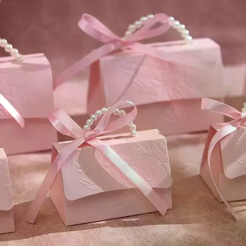 10PCS Pink Pearl Portable Gift Box Wedding Portable Ribbon Souvenir Wedding Candy Paper Box DIY Party Packaging Supplies