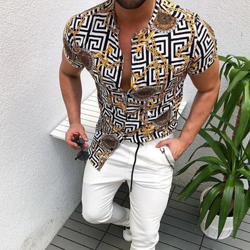 Summer Floral Loose Style Ethnic Casual Male Clothing Printed Tops Tee Shirt Men 2023 Fashion Shirt Men Short Sleeve Shirt MY394