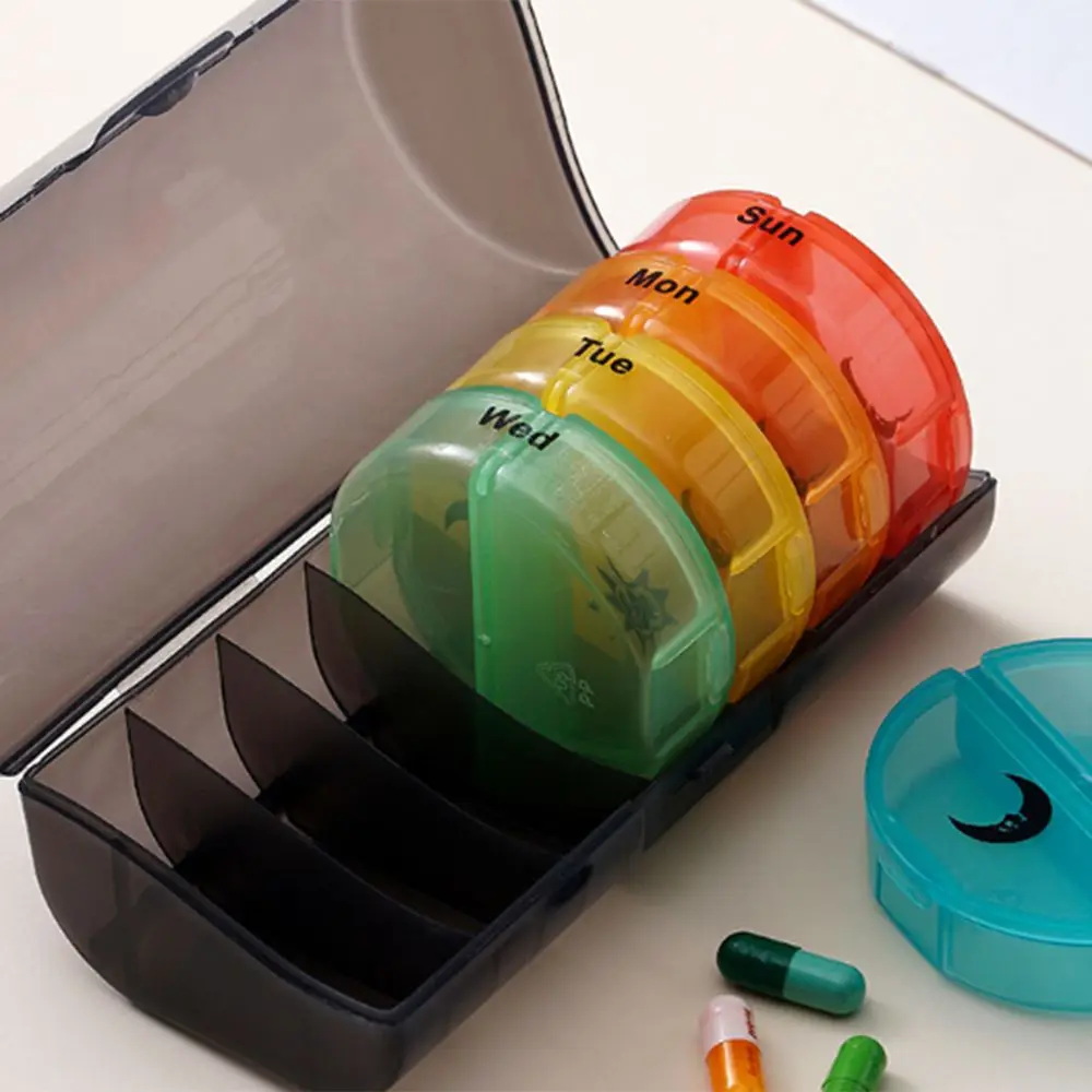 Drug Container 7-Day Splitter Pill Organizer 14-Grid Week Mark Vitamin Storage Case Plastic 2 Times a Day Rainbow Pill Box Home