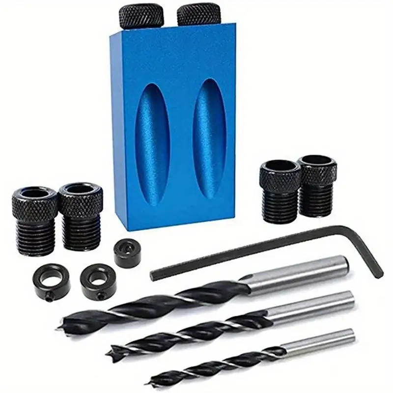 14 Pcs Pocket Hole Jig Kit 15 Degree Woodworking Dowel Drill Joinery with 6 8 10mm Drive Adapter Bits for Angle Drilling Locator