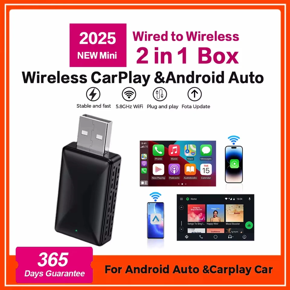 Bezprzewodowy adapter Carplay Android Auto Wireless Smart Dongle 2w1 dla Volvo Benz Audi Kia Hyundai VW Mazda Cadillac MG Peugeot