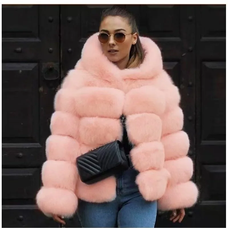 Hooded Faux Fox Fur Jacket Stripes Mid Long Women Plush Coat Solid Long Sleeves Fluffy Jackets Winter Streetwear Furry Cardigans