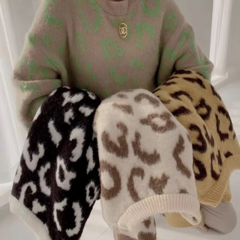 Pullover Women\'s New Korean Style Fashion Round Neck Loose Leopard Long-sleeved Sweater Basic Base Sweater Women\'s Top Y2k Girl