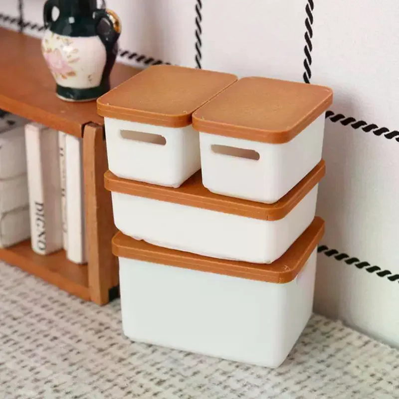 4Pcs Mini Storage Case With Cover 1/12 Dollhouse Miniature Food Storage Box Model Doll House Accessories Toy
