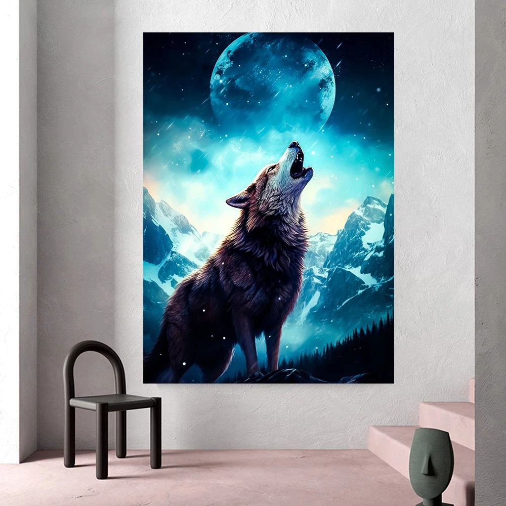 Black White Wolf Howl Moon Art Posters and Prints Canvas Painting Wild Animal Wall Art Picture for Living Room Home Decoration