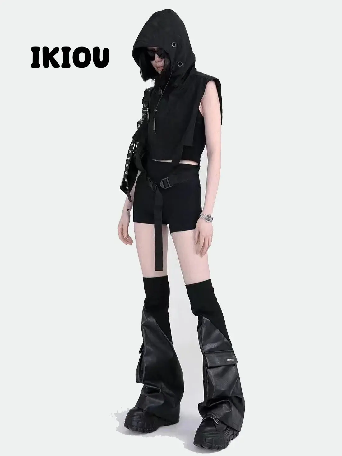 IKIOU Dark PU Leather Leg Warmers, Street Style Over The Knee Socks With Flap Pockets, Women's Stockings & Hosiery