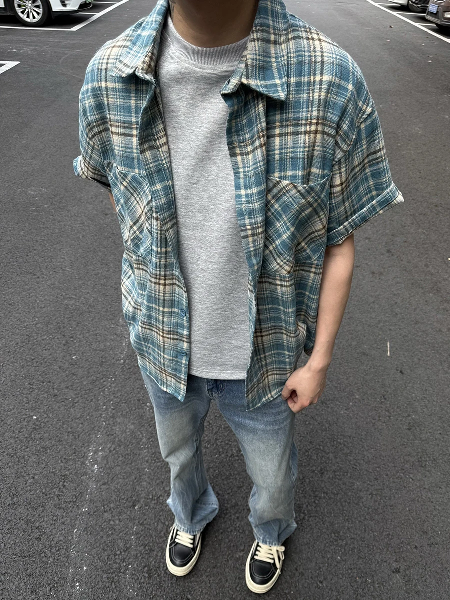 

Blue Plaid ort Sve irt Men's Summer Cool Haome f Sve Cleanfit Five Sve irt Loose Fit Youth Faion