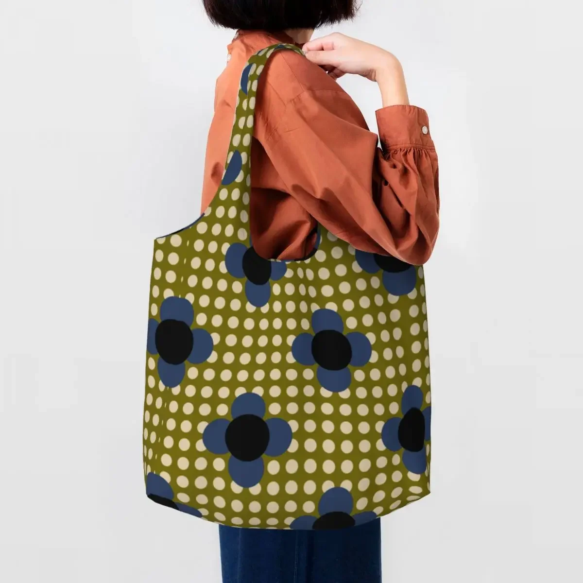 Custom Funny Print Orla Kiely Prints Polkadot Olive Flower Tote Shopping Bags Durable Canvas Shopper Shoulder Photograph Handbag