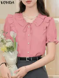 VONDA Elegant Women Blouse 2024 Fashion Shirts Summer Casual Short Puff Sleeve Doll Collar Solid Color Buttons Tunic Tops Blusas