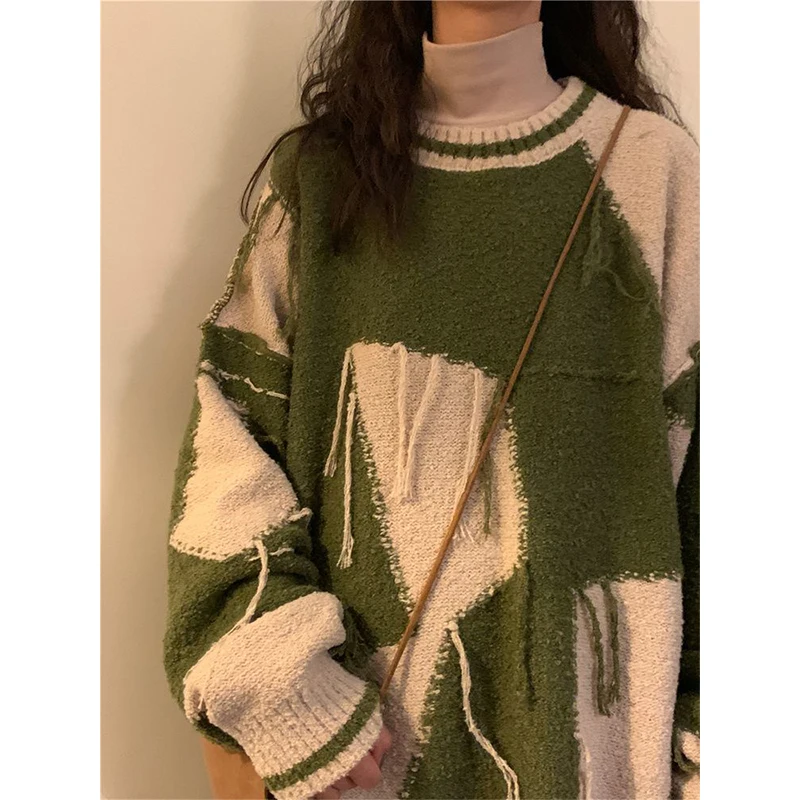 Vintage Patchwork Sweater Women Harajuku Tassel Oversized Knitted Pullovers Streetwear Korean Casual Knitwear All Match Jumpers