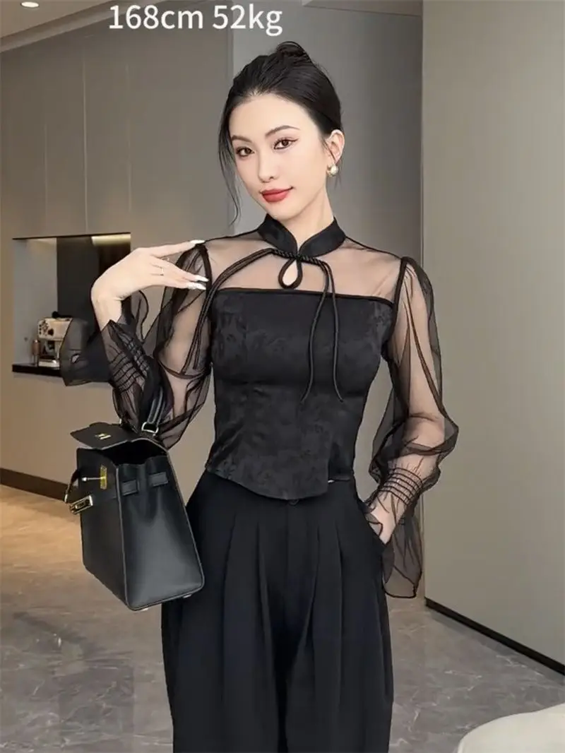 Korean See Through Mesh Patchwork Lace Up Stand Up Collar Hollowed Out Long Sleeved Shirt Women Summer Fashionable and Elegant