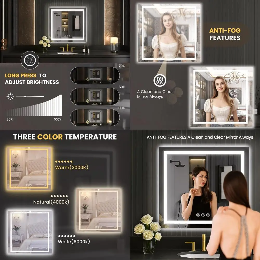 

Светодиодное зеркало для ванной комнаты 30x30, косметическое зеркало с подсветкой и защитой от запотевания, регулируемой яркостью, памятью, простая установка, четкое отражение