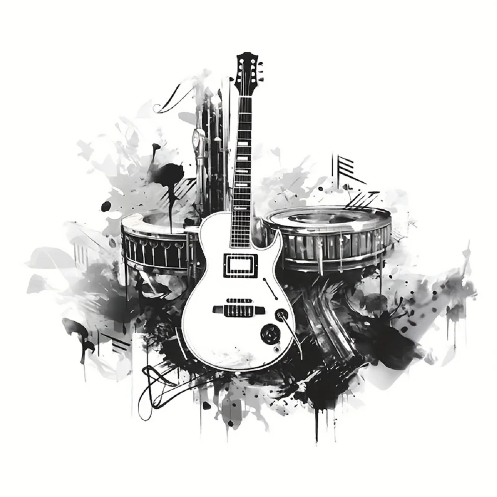 1 Cool Wall Sticker Featuring a Guitar and Drum Set, Suitable for Home Decoration, Can Be Used on Interior Walls, Windows, Doorways, and Mirrors