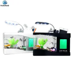USB Desktop Mini Aquarium Fish Tank with LED Light Lamp LCD Display Screen Clock Date Fish Tank Aquarium Ecosystem Decoration